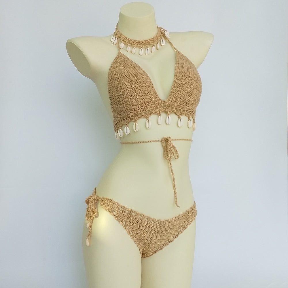 3pcs Bikini Set Woman Crochet Shell Tassel Bikini Top And Seashell